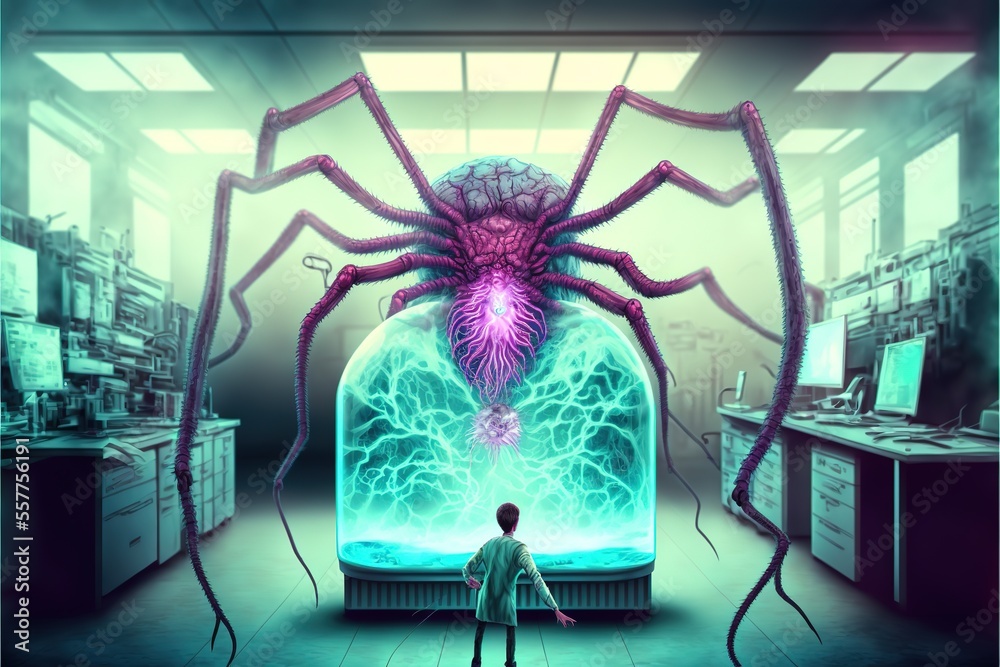 A mad scientist with a giant spider monster in the lab