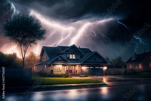 Lighting storm over a suburban house. Generative AI