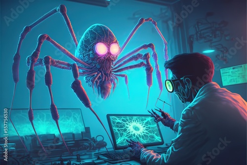 A mad scientist with a giant spider monster in the lab photo