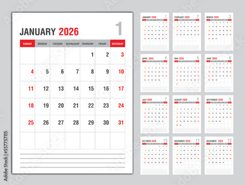 Monthly calendar template for 2026 year, Week Starts on sunday, Planner 2026 year, Wall calendar in a minimalist style, desk calendar 2026 template vertical layout, Business template Vector
