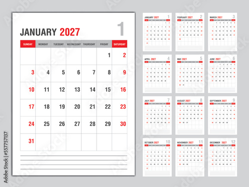 Monthly calendar template for 2027 year, Week Starts on sunday, Planner 2027 year, Wall calendar in a minimalist style, desk calendar 2027 template vertical layout, Business template Vector
