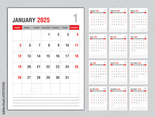 Monthly calendar template for 2025 year, Week Starts on sunday, Planner 2025 year, Wall calendar in a minimalist style, desk calendar 2025 template vertical layout, Business template Vector
