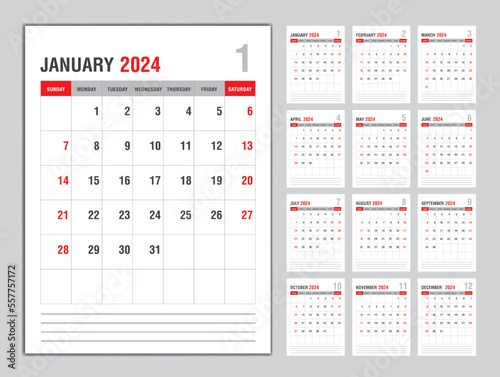 Monthly calendar template for 2024 year, Week Starts on sunday, Planner 2024 year, Wall calendar in a minimalist style, desk calendar 2024 template vertical layout, Business template Vector