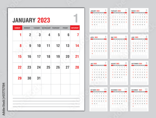 Monthly calendar template for 2023 year, Week Starts on sunday, Planner 2023 year, Wall calendar in a minimalist style, desk calendar 2023 template vertical layout, Business template Vector