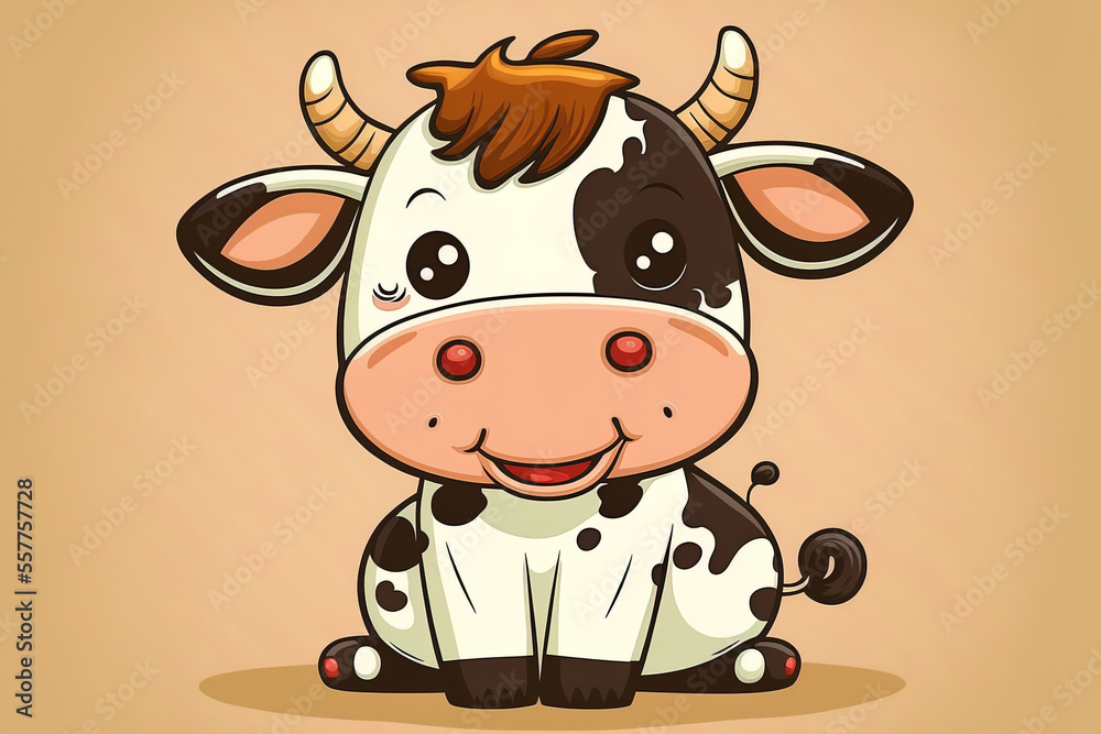 Cartoon of a cute baby cow sitting. Generative AI