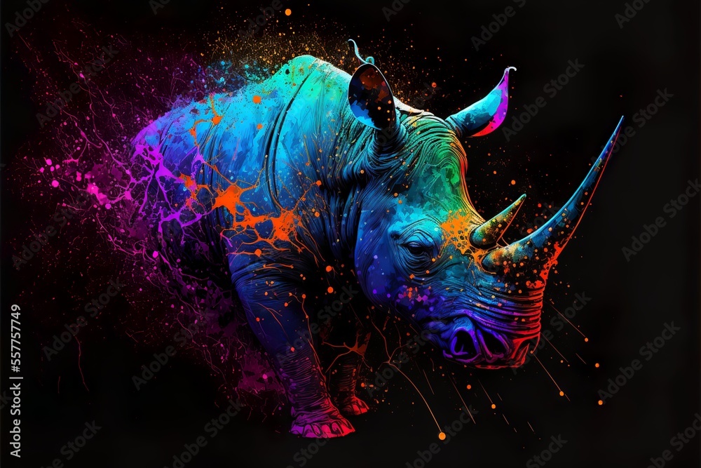 Painted animal with paint splash painting technique on colorful background rhino - obrazy, fototapety, plakaty 