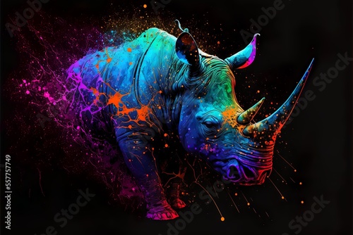 Photo Painted animal with paint splash painting technique on colorful background rhino