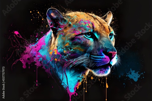 Painted animal with paint splash painting technique on colorful background cougar