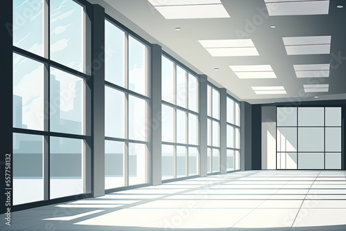 Vacant contemporary office space. High rise building hall with a big window. Image in format. Generative AI