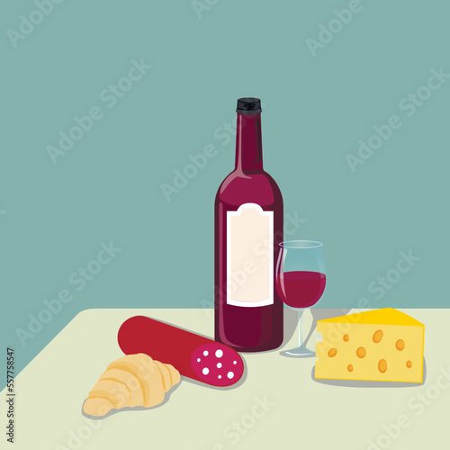 Vector food still life with wine and salami sausage