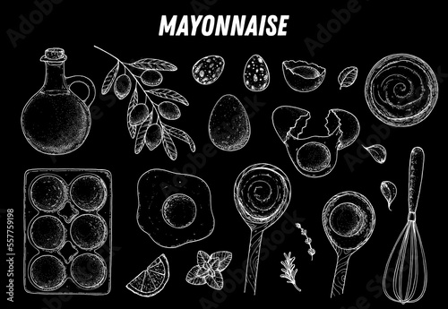 Mayonnaise sauce cooking and ingredients set. Hand drawn sketch collection, vector illustration. Homemade mayonnaise sauce, design elements. Hand drawn package design. Oil and eggs.