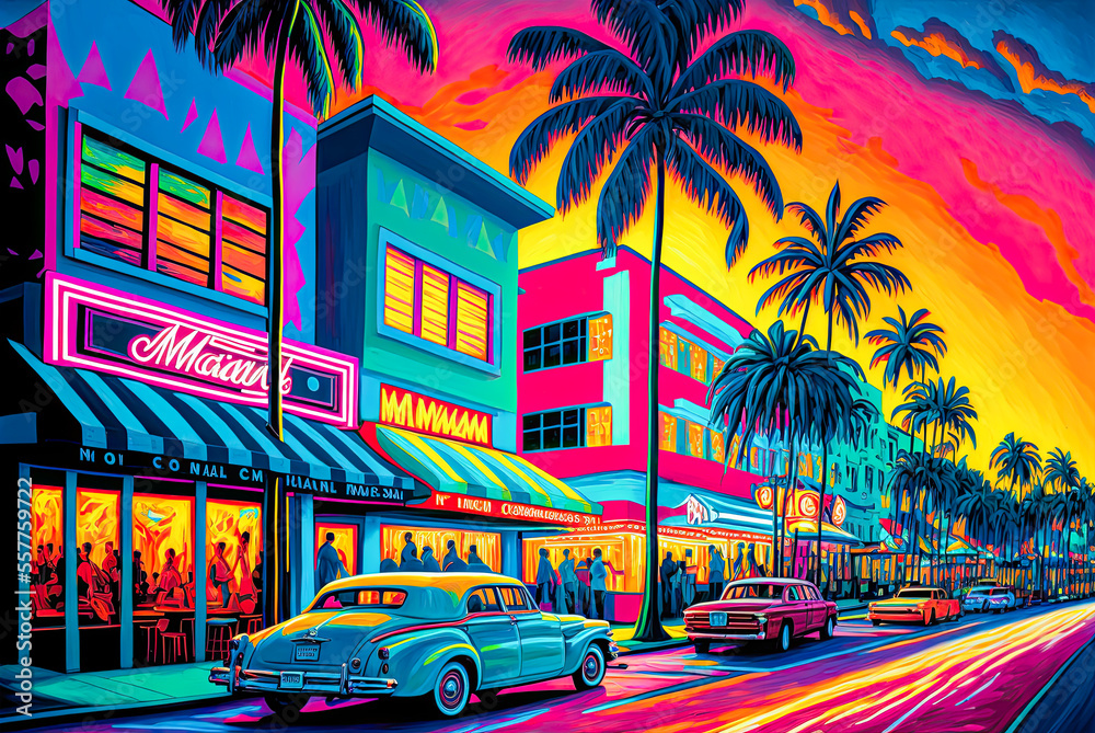 Fototapeta premium Miami Florida street, Art Deco. Generative AI