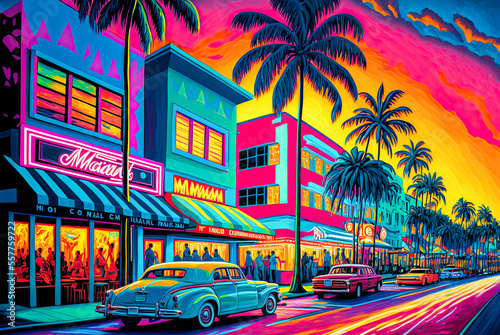 Miami Florida street, Art Deco. Generative AI © Sunshower Shots
