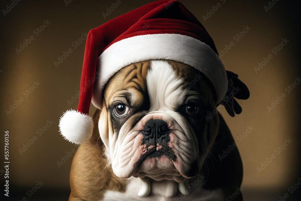 Bulldog puppy in a sweet santa hat portrait. Generative AI