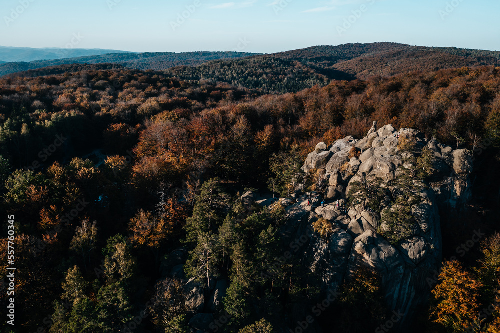 View of the Dovbush rocks from the mountain, a beautiful autumn landscape and a view of the Ukrainian nature reserve of the Dovbush rocks.