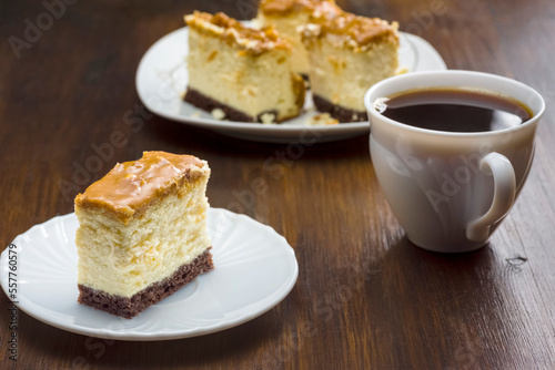 a cup of coffee and a piece of homemade cheesecake