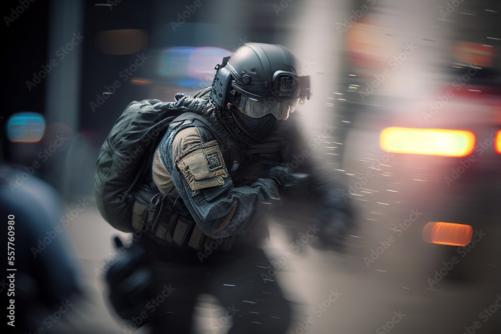 SWAT, rapid response squad, blurred motion. Photorealistic illustration. Generative art