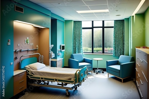 Hospital room with beds and comfortable medical equipped in a modern hospital. Generative AI