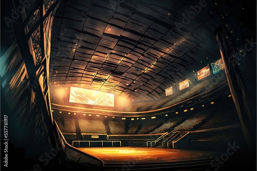 Interior view of an illuminated basketball stadium for a game. Generative AI