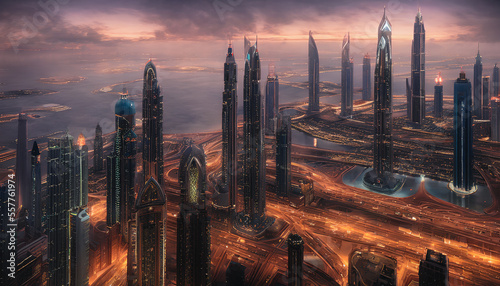 Futuristic cityscape set against a desert. The vibrant colors architecture of Dubai are captured in this abstract piece,showcasing the city's futuristic vision and innovative design. Generative AI