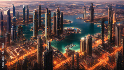 Futuristic cityscape set against a desert. The vibrant colors architecture of Dubai are captured in this abstract piece showcasing the city s futuristic vision and innovative design. Generative AI
