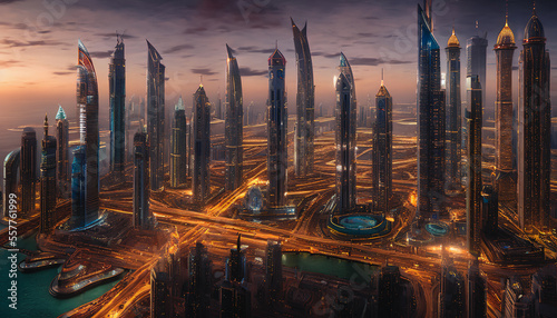 Futuristic cityscape set against a desert. The vibrant colors architecture of Dubai are captured in this abstract piece,showcasing the city's futuristic vision and innovative design. Generative AI