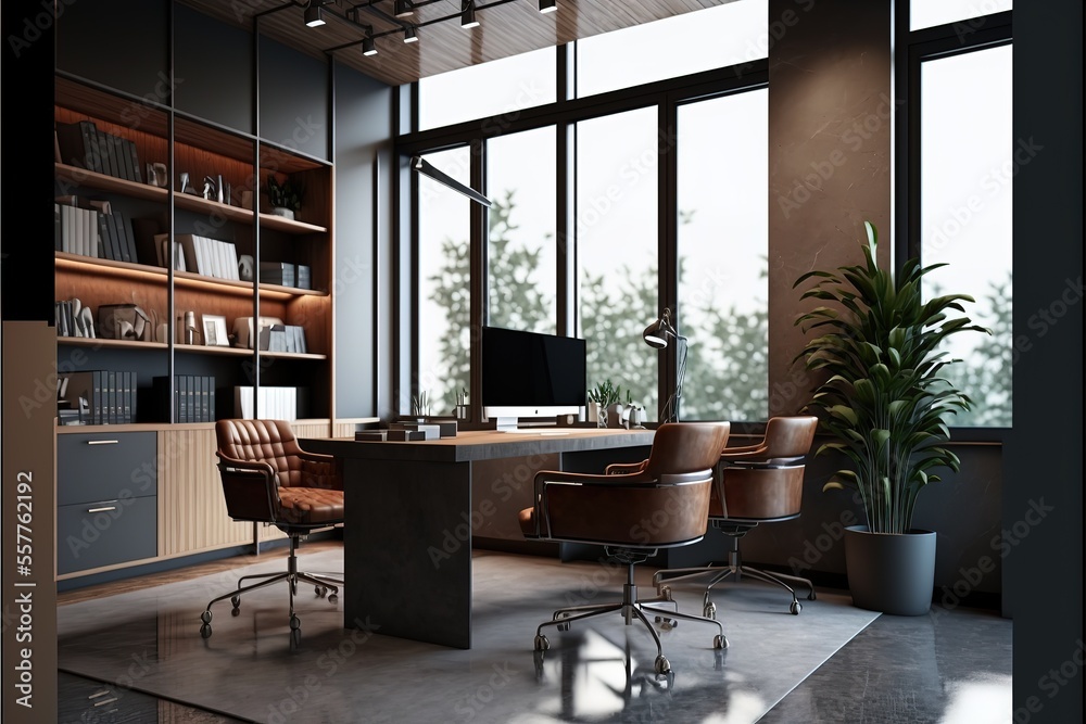Corner of grey and brown office interior with desk, stylish niche ...