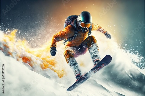 Jumping skier Snowboarding Extreme Winter Sport  High Speed Snow Jump  Skiing at High Speed 3D Illustration. Generative AI