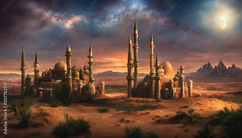 Majestic mosque located on a sandy desert, surrounded by towering dunes and a clear blue sky. Generative AI