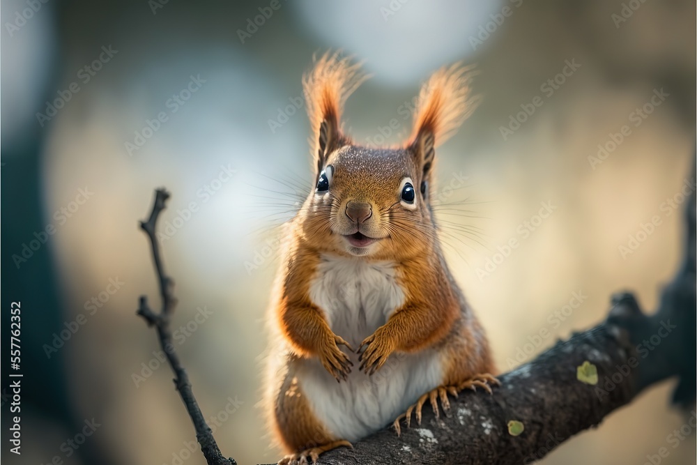 smiling curious squirrel sits on a branch and watches. Generative AI smiling curious squirrel sits on a branch and watches. Generative AI
