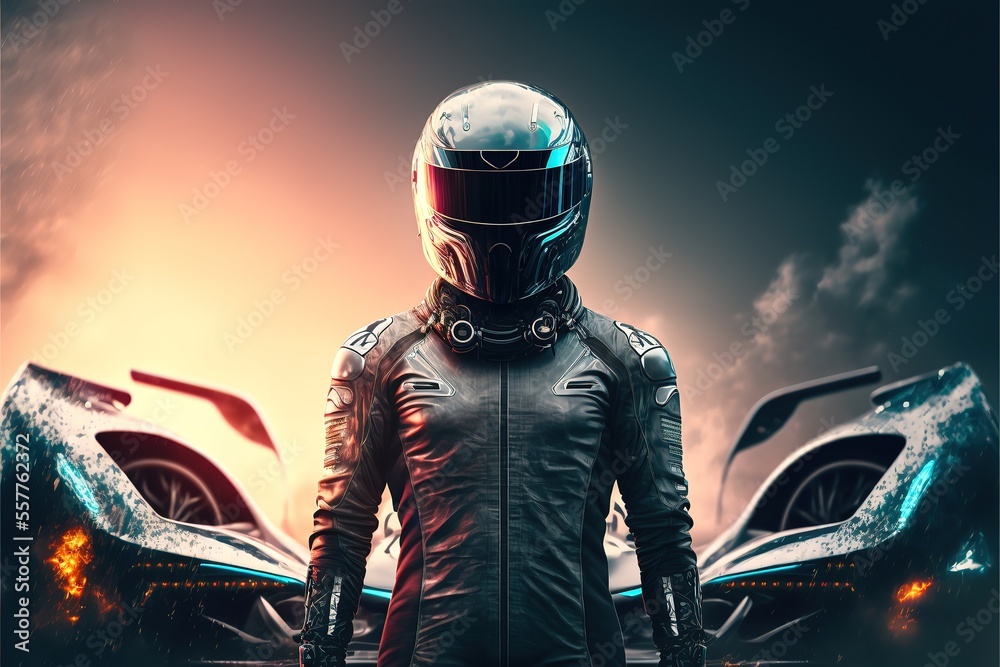 Future Racing Driver Suits Leather suited sports car driver with helmet stands in front of hyper ...