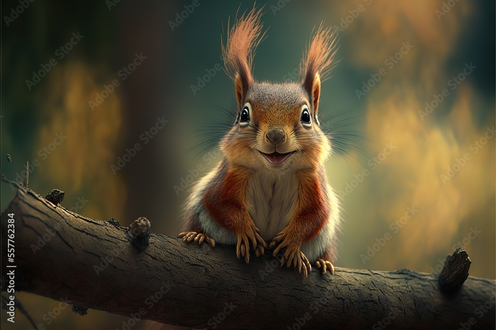 smiling curious squirrel sits on a branch and watches. Generative AI smiling curious squirrel sits on a branch and watches. Generative AI