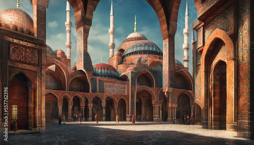 Majestic mosque located on a sandy desert, surrounded by towering dunes and a clear blue sky. Generative AI