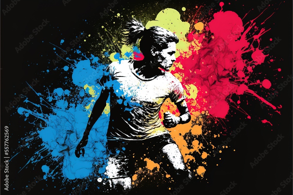 Soccer player with a graphic trail and color splash background. Generative AI