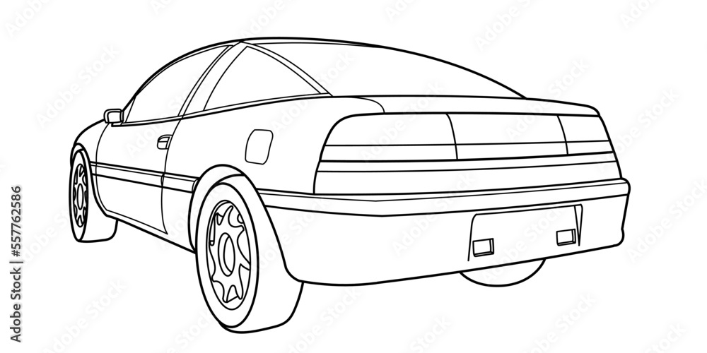 Outline drawing of a classic american sport car from rear and side view. Vector doodle illustration