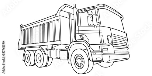 Doodle vector contour, outline dump truck wide angle side and front view. Truck; semitrailer tank. Oil, fuel tanker. Freight, liquid transportation. For coloring book page. Urban cargo transportation