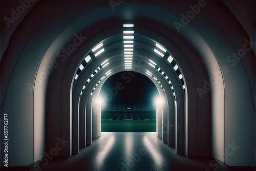 Stadium tunnel leading to soccer field. Players, athletes entrance to illuminated football stadium full of fans. Generative AI