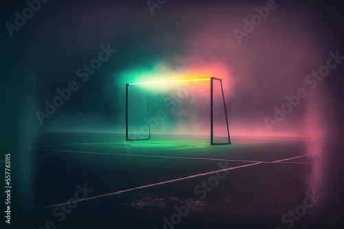 textured soccer game field with neon fog - center, midfield. Generative AI