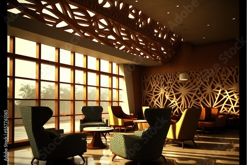 View of Aiport lounge at Biju Patnaik International Aiport. Beautiful interior Indian architecture. Generative AI photo