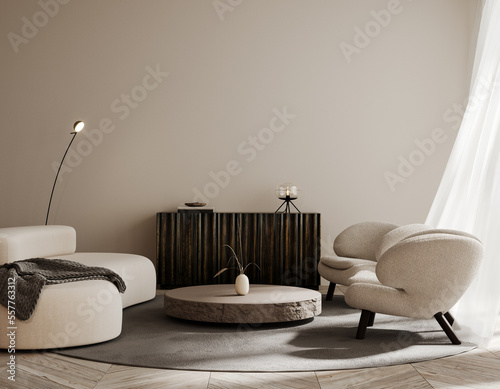 Fototapeta Naklejka Na Ścianę i Meble -  Modern interior design of living room with sofa and two white armchairs. Beige home interior with minimalistic furniture 3D Rendering, 3D Illustration