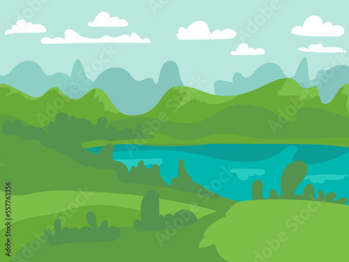 Vector illustration of beautiful summer fields landscape with a dawn  green hills  bright color blue sky  country background in flat cartoon style banner