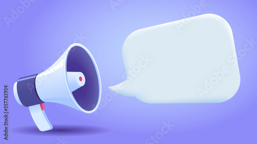 Colourful vector realistic illustration of loudspeaker with speech bubble. Megaphone and message concept. Cartoon 3d illustration for banner, site, print, banner.