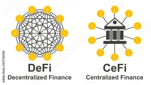 Decentralized finance and centralized finance.DeFi vs CeFi. Vector Illustration