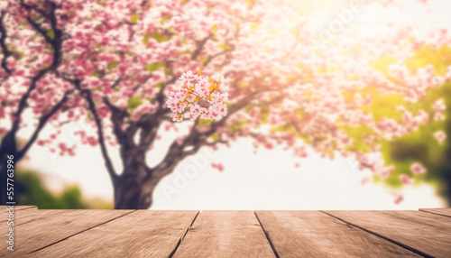 Empty wood table top and blurred sakura flower tree in garden background   for display or montage your products.