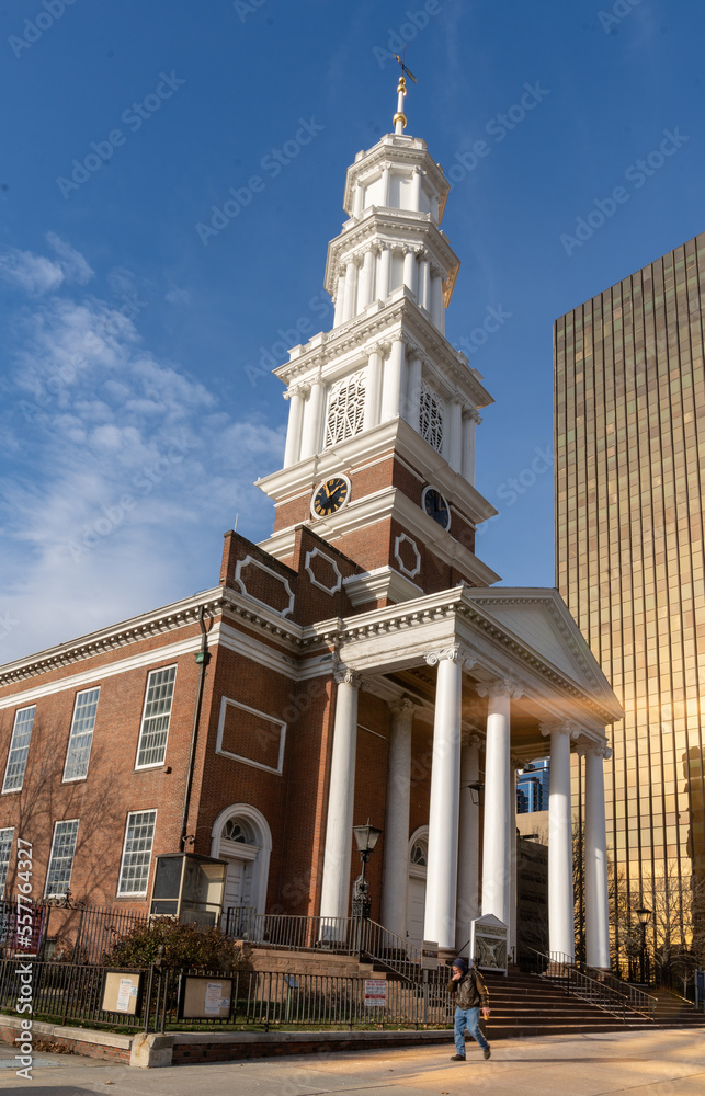 Hartford, CT - USA - Dec 28, 2022 The Federalist style Center Church, with its distinctive “wedding cake” style steeple. Designed by Daniel Wadsworth in 1807, is the fourth meetinghouse of the church.