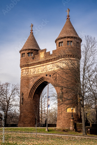 Hartford, CT - USA - Dec 28, 2022 View of the The Soldiers and Sailors Memorial Arch in Bushnell Park, an eclectic design with two Norman towers and a Gothic arch, decorated with a classical frieze. photo