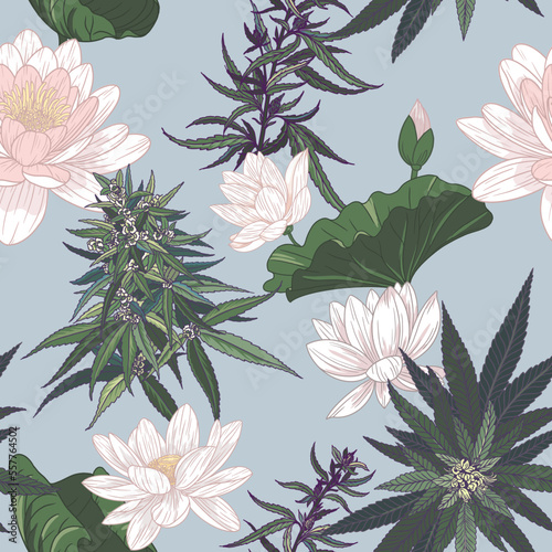 Lotos and hemp flowers and leaves. Seamless vector pattern with hand drawn plant illustrations