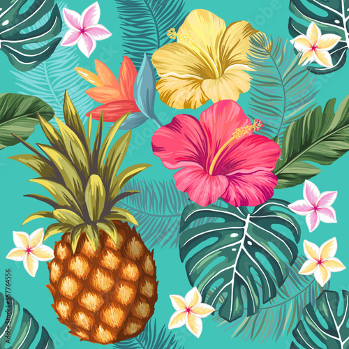 Pineapple and blooming hibiscus flowers. Vector seamless pattern with hand drawn illustrations with floral and tropical theme