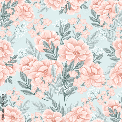 Pink flowers and mint leaves. Vector seamless pattern with hand drawn illustration on floral theme