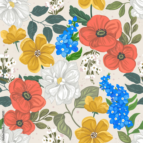 Poppies and tulips flowers. Seamless vector pattern with hand drawn digital illustrations with floral theme